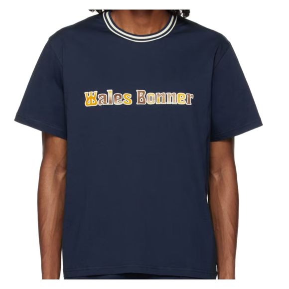 Wales Bonner Original Logo Print T-Shirt Men's M Navy Crew Neck Short Sleeve +